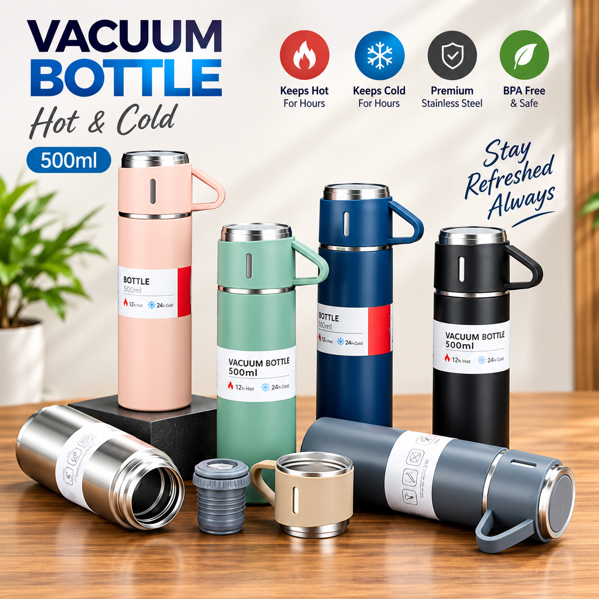 Vacuum Flask Set 500ml 12 Hour Lasting Hot & Cool 304 Steel Body