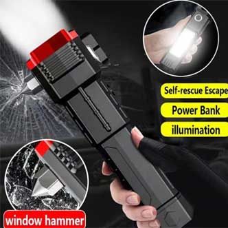 Versatile High Power Led Flashlight Focus Light Power Bank and Window Hammer