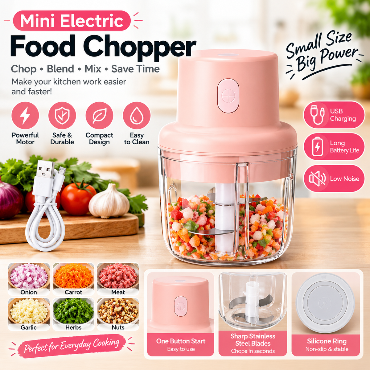Portable Electric USB Rechargeable Fruit Vegetable Onion Garlic Cutter Mixer Blender